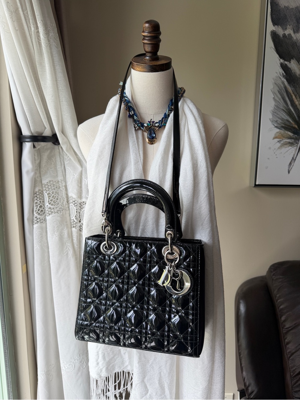 Lady Dior - Medium Black Quilted Patent Leather Top-Handle Bag with strap